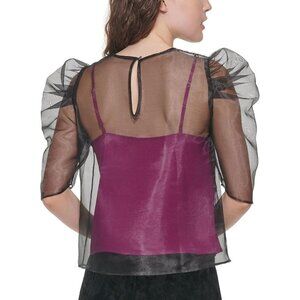 Dkny Womens Sheer Puff Sleeve Camisole Blouse T-Shirt Top Black Byzantine Size 2